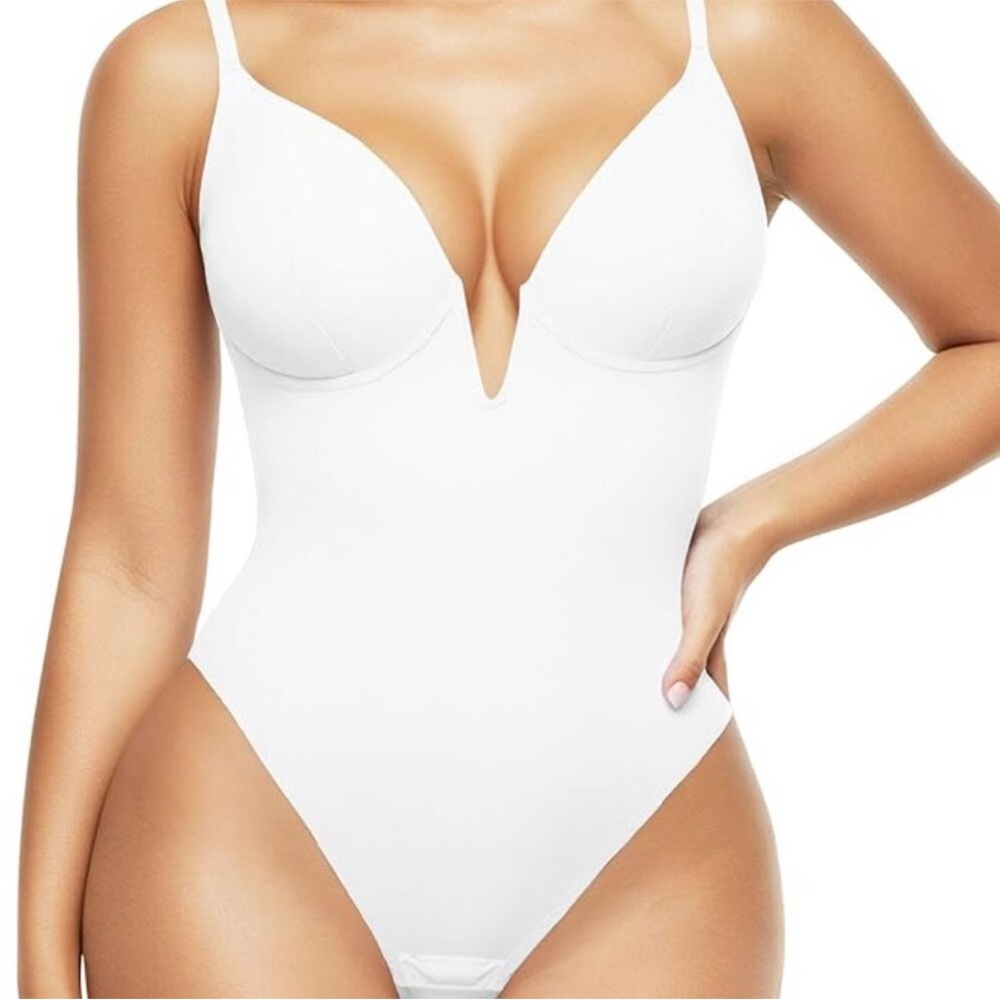 Popilush White Plunge Shapewear Bodysuit